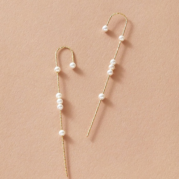 Dainty Pearl Ear Pin Delicate Ear Pin, Gold Pearl Pin, Ear Climber, Pair - Picture 5 of 5